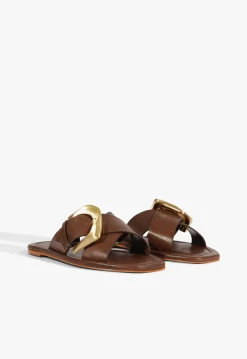 Fashion Schutz Lois Brown Leather Flat Sandal Pecan Brown